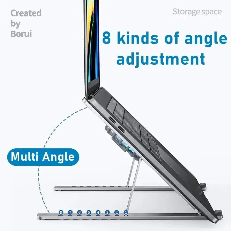 Laptop stand with adjustable angles and storage space, created by Borui.