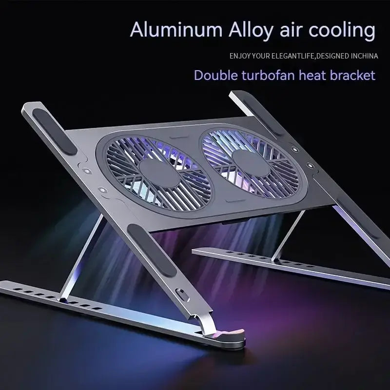 Aluminum alloy air cooling pad with double turbofan heat bracket on a dark background
