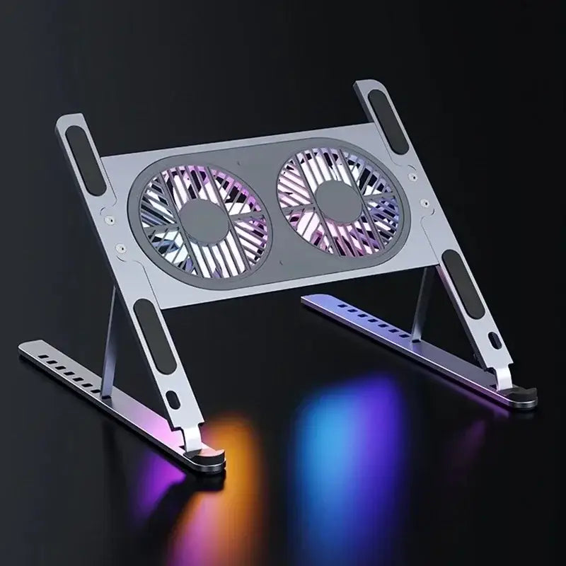 Laptop cooling stand with dual fans on a dark background