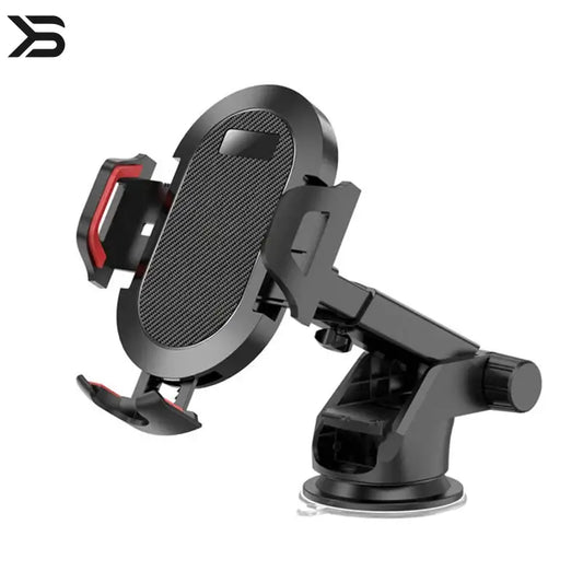 Black car phone holder with red accents on a white background