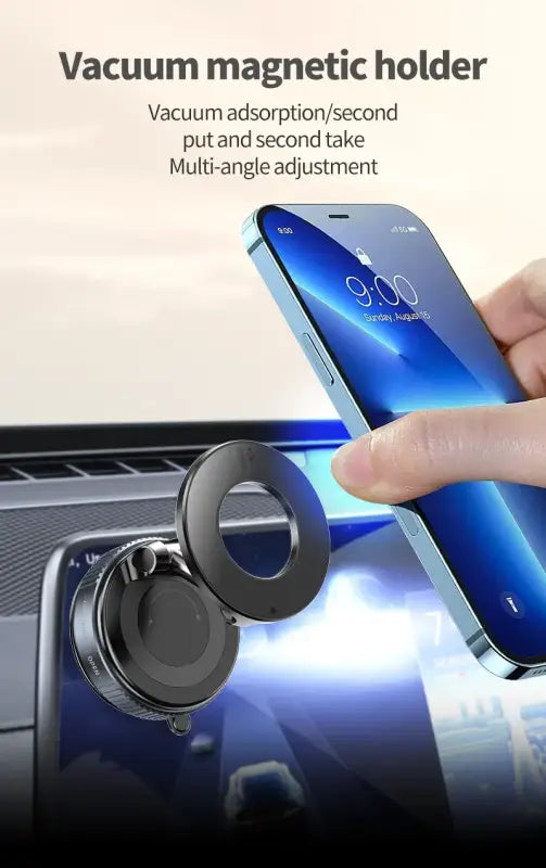 Vacuum magnetic holder with a phone on a car dashboard