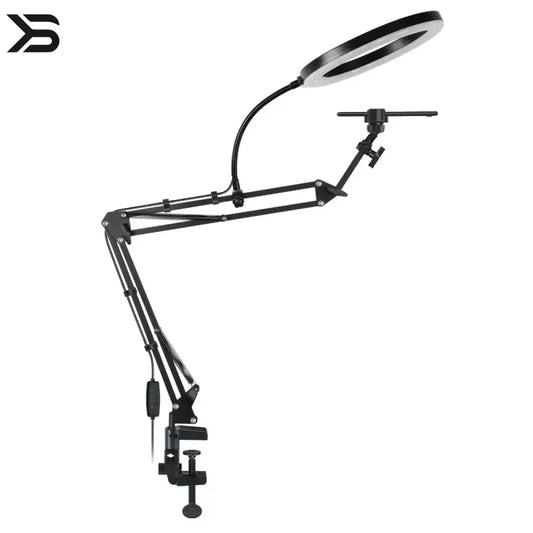 Black adjustable magnifying lamp with a white background