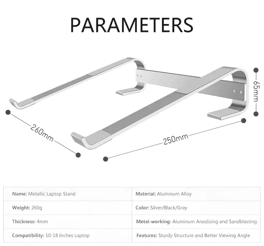 Metallic laptop stand with dimensions and specifications on a white background