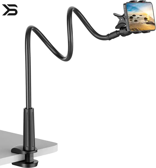 Black phone holder with a long flexible arm on a white background
