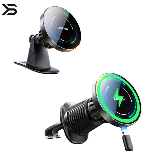 Car mount with green light indicator on dashboard, featuring JOYROOM branding.