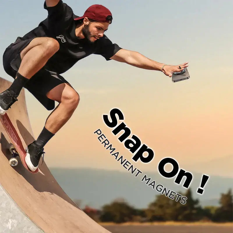 Person skateboarding with 'Snap On!' and 'Permanent Magnets' text overlay.