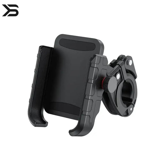 Black phone mount with bike handlebar attachment on a white background