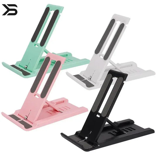Set of four adjustable phone stands in black, pink, green, and white on a white background