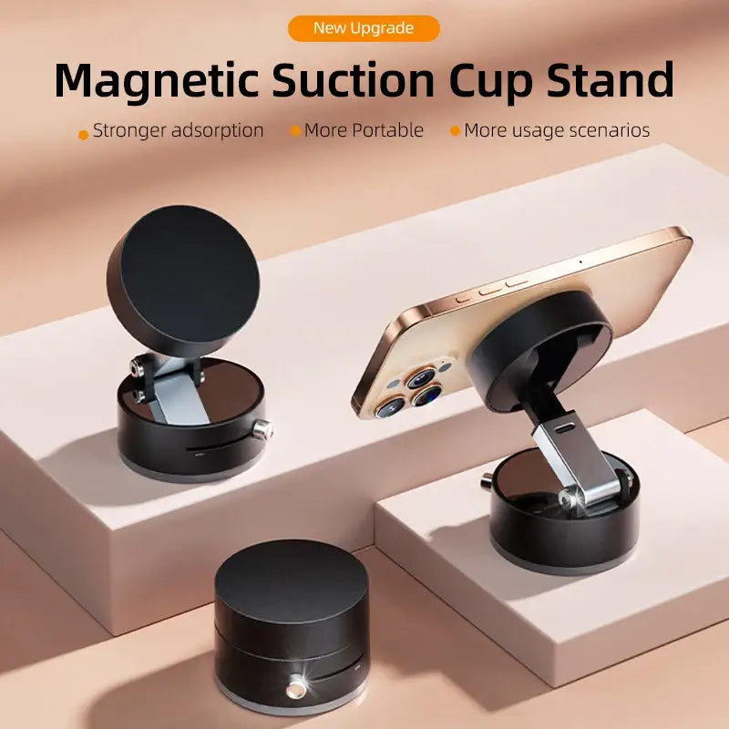 Magnetic suction cup stand with smartphone and phone case on a beige background