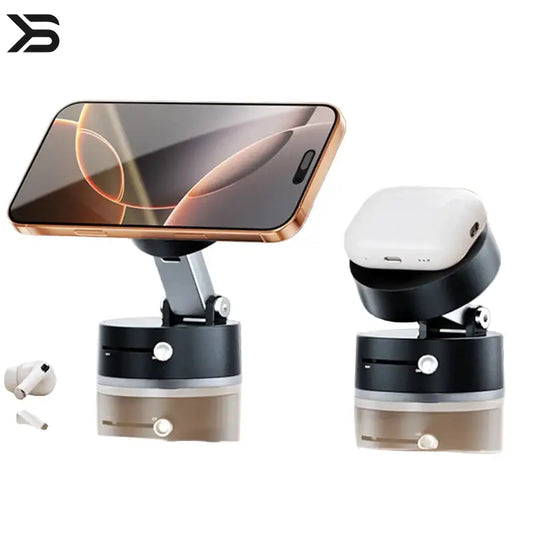 Phone stand with phone, wireless earbuds, and remote control on a reflective surface.
