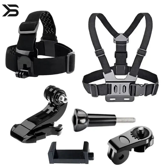 Set of black camera accessories including headband, chest harness, and various mounting brackets on a white background.