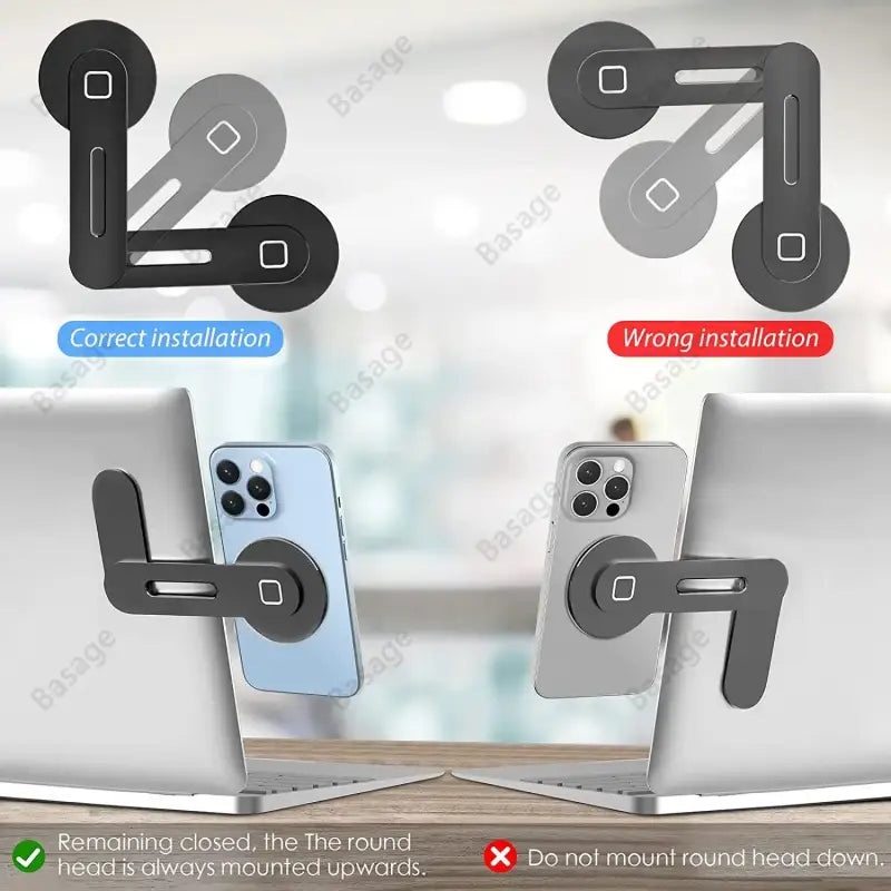 Correct and wrong installation of a phone mount on a laptop screen with a blurred office background.