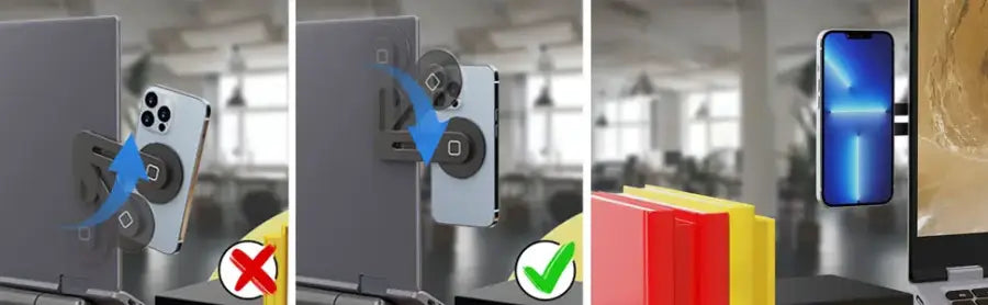 Collage of a phone stand with a smartphone on a desk, showing correct and incorrect usage.